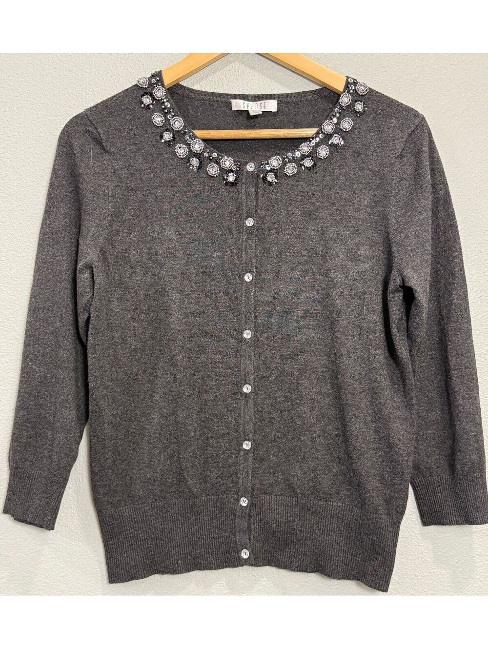 Vintage Spense Beaded Dark Gray Cardigan Sweater - Women's Large